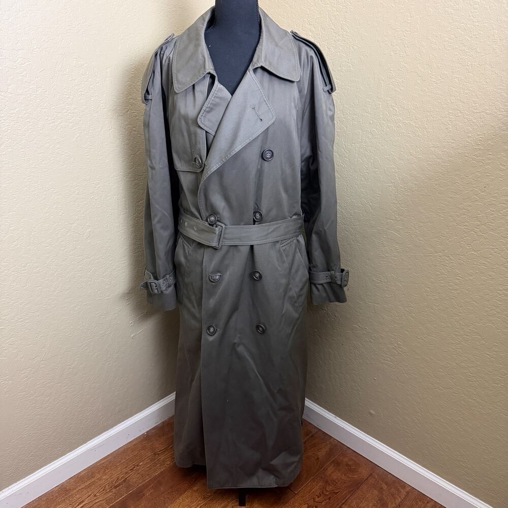 London Fog Trench Coat 40R Olive Green Belted Long Rain Coat Mens USA Style